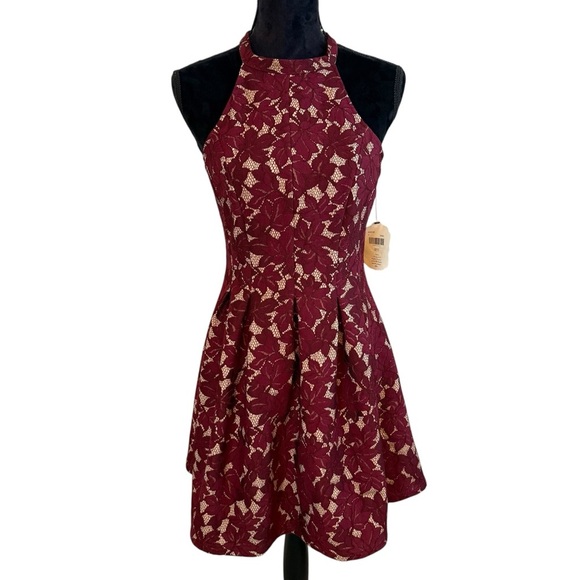 Altar'd State Burgundy Lace Halter Fit and Flare Mini Dress (Skater Style) - Picture 1 of 8